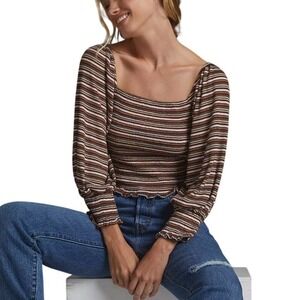 ANTHROPOLOGIE Smocked Puff Sleeve Brown Striped Square Neck Lettuce Edge Top XS